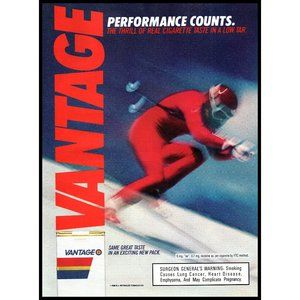 1987 Vantage Cigarettes Vintage Print Ad Downhill Skiing Skier Alpine Wall Art